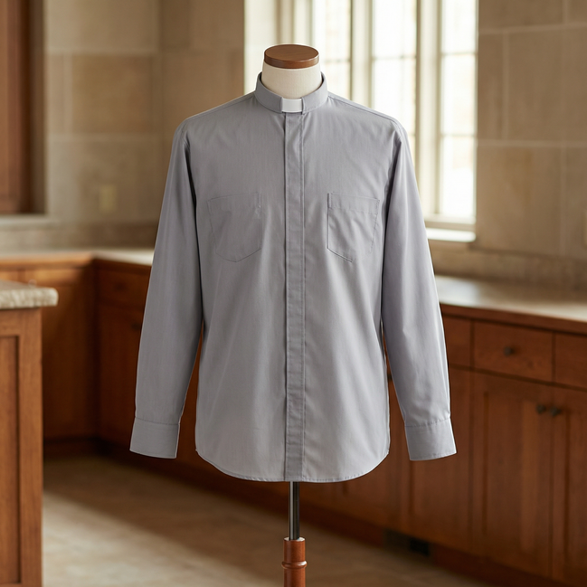 Clergy Shirt - Grey or Black - Easy Care Two Pocket Long Sleeve - 65% Poly / 35% Cotton - RJ Toomey