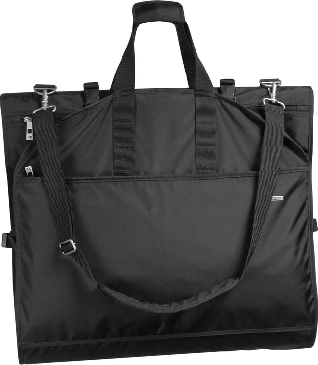 Black WallyBags 66-inch tri-fold vestment travel bag folded with shoulder strap