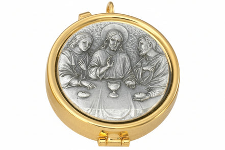 7 Host Pyx - Pewter Last Supper- High Polish with Ring for Neck Cord