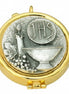 7 Host Pyx - Pewter Chalice/IHS Host/Grapes/Candle- High Polish with Ring for Neck Cord