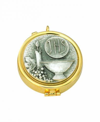 7 Host Pyx - Pewter Chalice/IHS Host/Grapes/Candle- High Polish with Ring for Neck Cord