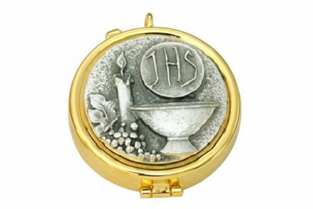 7 Host Pyx - Pewter Chalice/IHS Host/Grapes/Candle- High Polish with Ring for Neck Cord