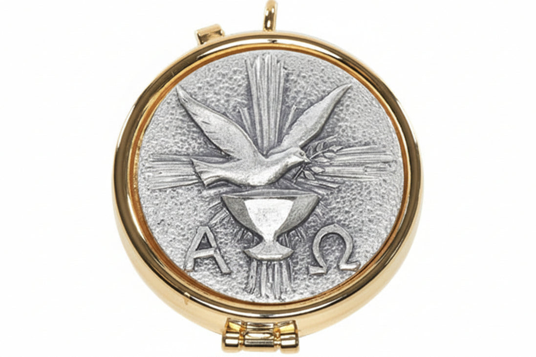 7 Host Pyx - Pewter Holy Spirit - High Polish with Ring for Neck Cord
