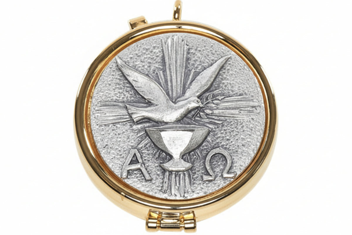 7 Host Pyx - Pewter Holy Spirit - High Polish with Ring for Neck Cord