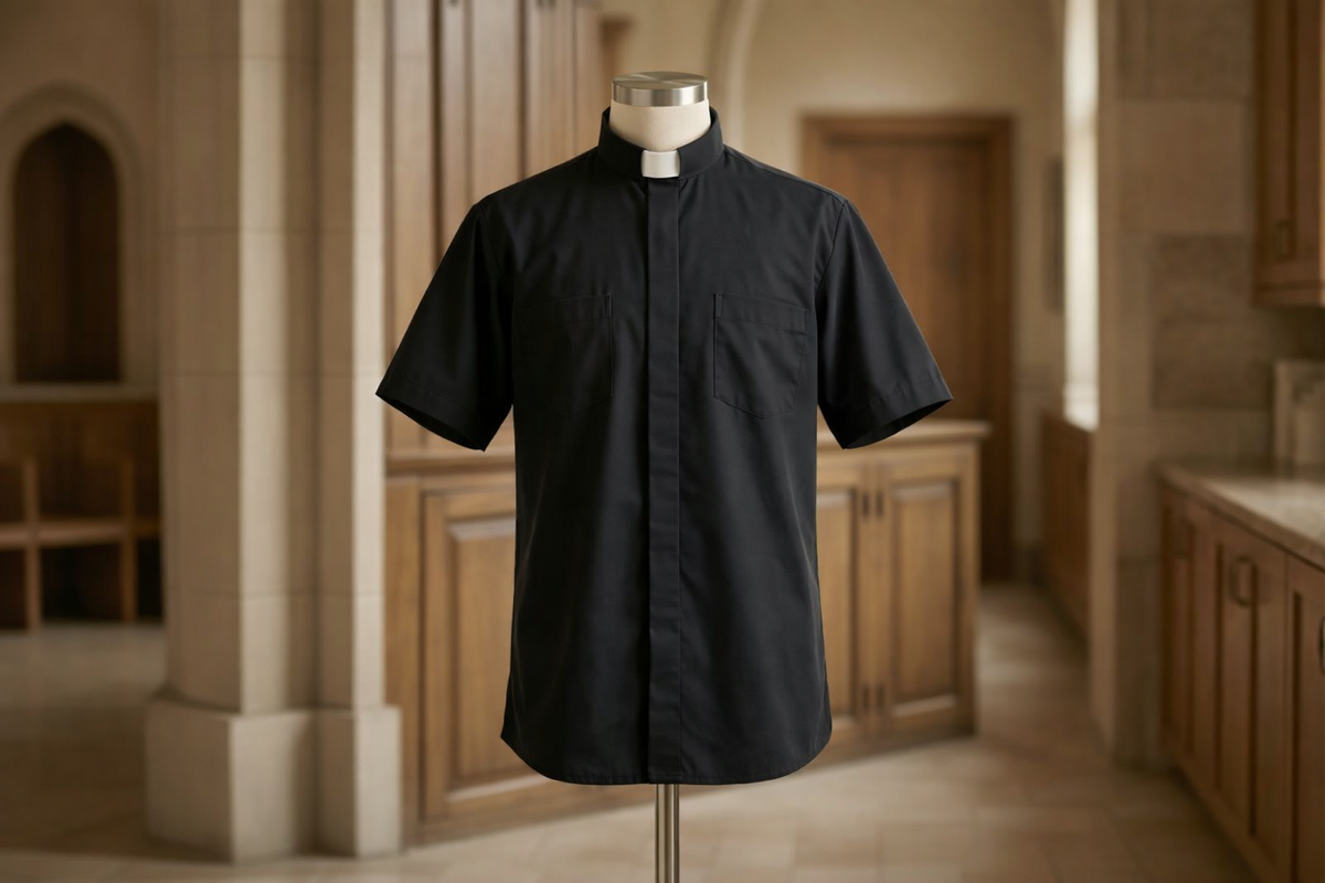 Clergy Shirt - Grey or Black - Easy Care Two Pocket Short Sleeve - 65% Poly / 35% Cotton - RJ Toomey