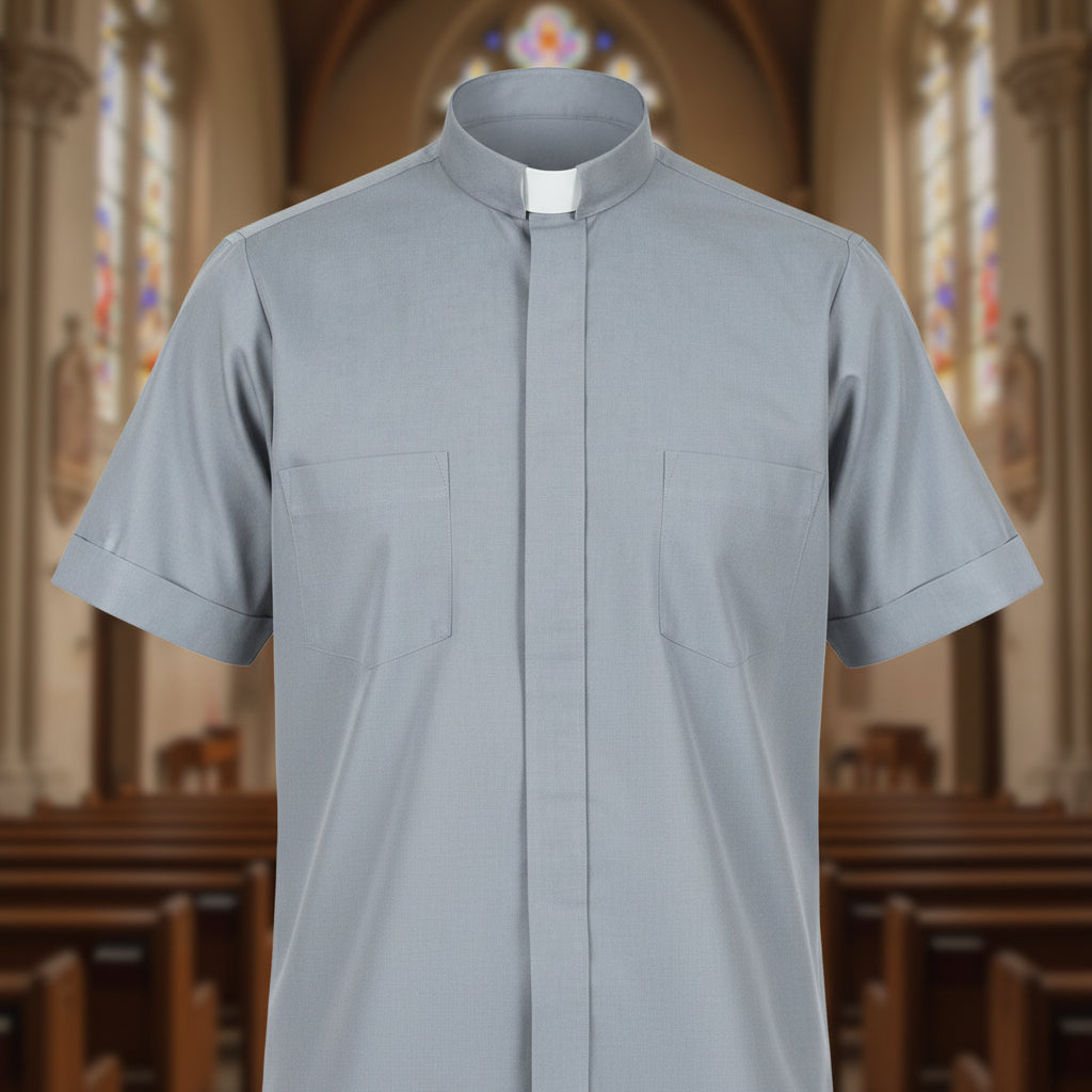 Clergy Shirt - Gray - Short Sleeve - Summer Comfort - 65% Poly / 35% Cotton Blend