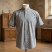 Clergy Shirt - Grey or Black - Easy Care Two Pocket Short Sleeve - 65% Poly / 35% Cotton - RJ Toomey