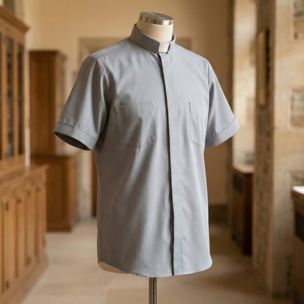 Clergy Shirt - Grey or Black - Easy Care Two Pocket Short Sleeve - 65% Poly / 35% Cotton - RJ Toomey