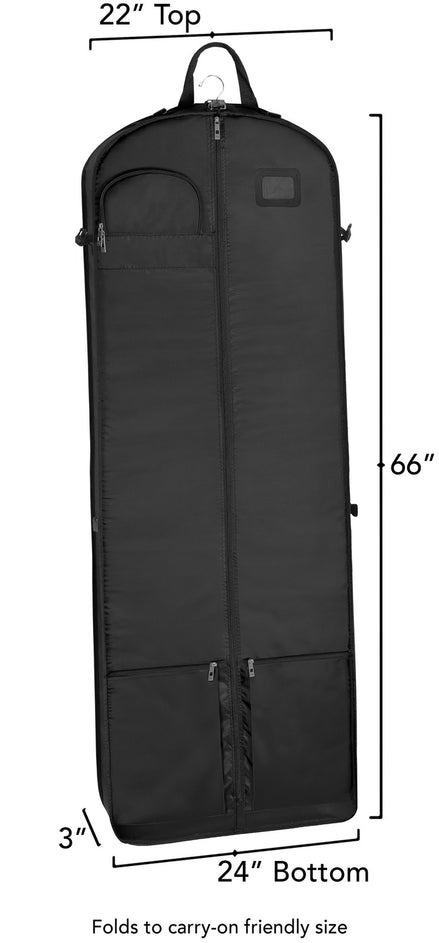 Full-length WallyBags garment bag showing dimensions