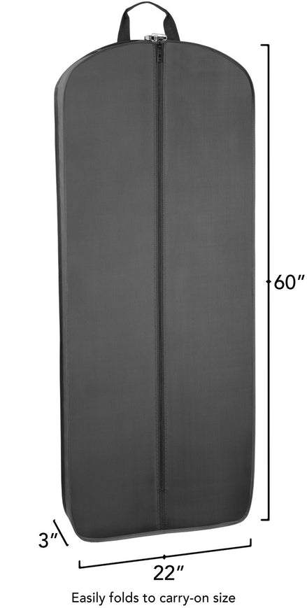 Full-length black garment bag with dimensions