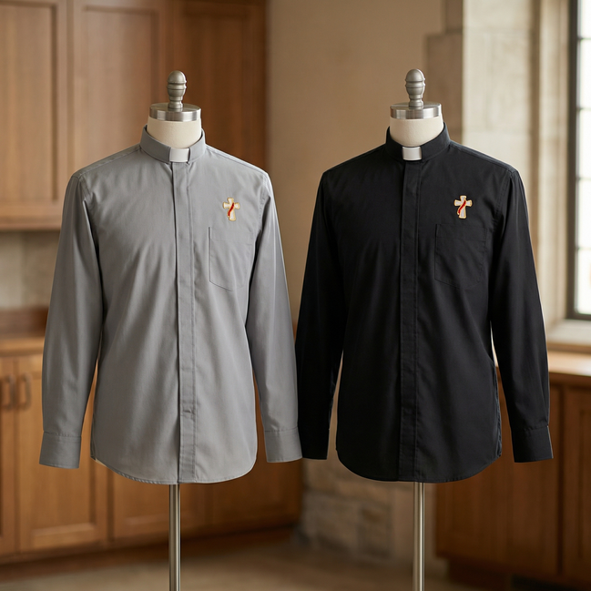 Deacon Cross Clergy Shirt - Grey or Black - Easy Care Two Pocket Long Sleeve - 65% Poly / 35% Cotton - Beau Veste