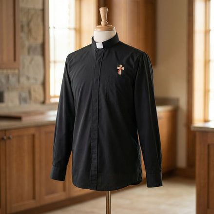 Deacon Cross Clergy Shirt - Grey or Black - Easy Care Two Pocket Long Sleeve - 65% Poly / 35% Cotton - Beau Veste