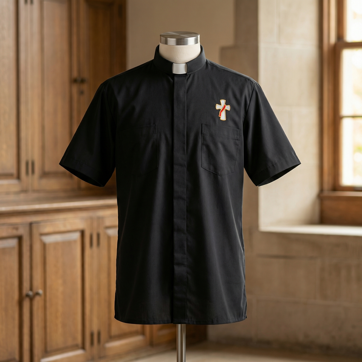 Deacon Cross Clergy Shirt - Grey or Black - Easy Care Two Pocket Short Sleeve - 65% Poly / 35% Cotton - Beau Veste