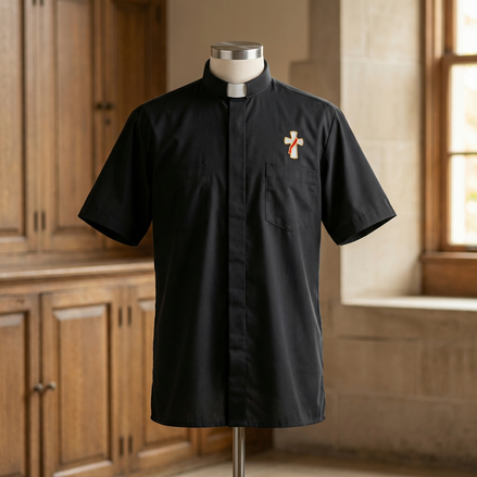 Deacon Cross Clergy Shirt - Grey or Black - Easy Care Two Pocket Short Sleeve - 65% Poly / 35% Cotton - Beau Veste