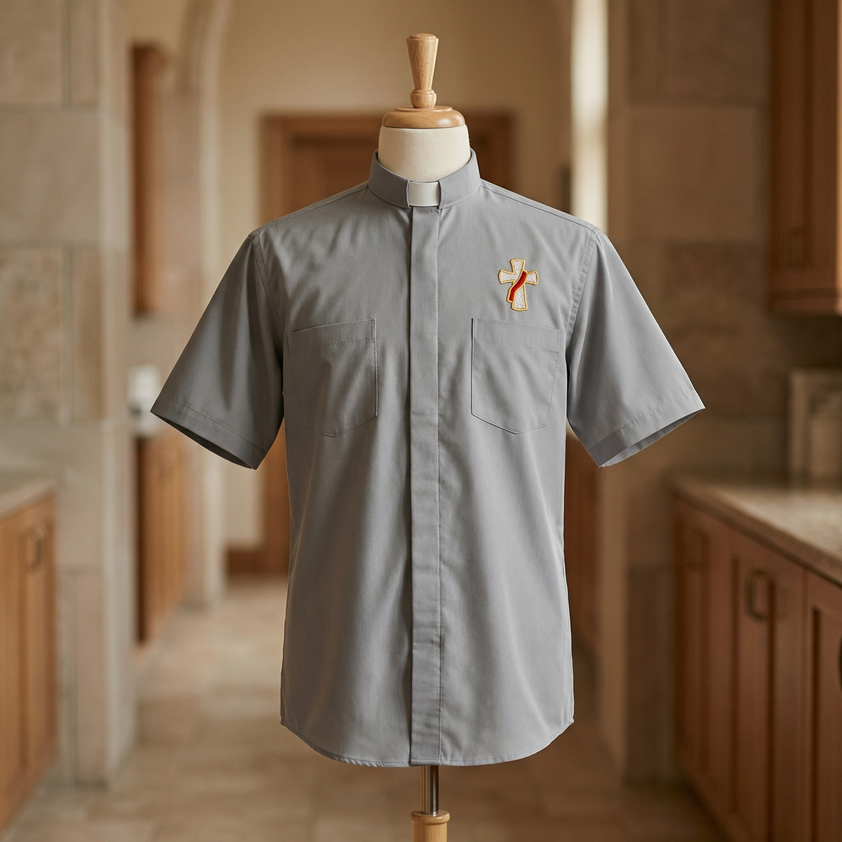 Deacon Cross Clergy Shirt - Grey or Black - Easy Care Two Pocket Short Sleeve - 65% Poly / 35% Cotton - Beau Veste