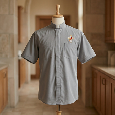 Deacon Cross Clergy Shirt - Grey or Black - Easy Care Two Pocket Short Sleeve - 65% Poly / 35% Cotton - Beau Veste