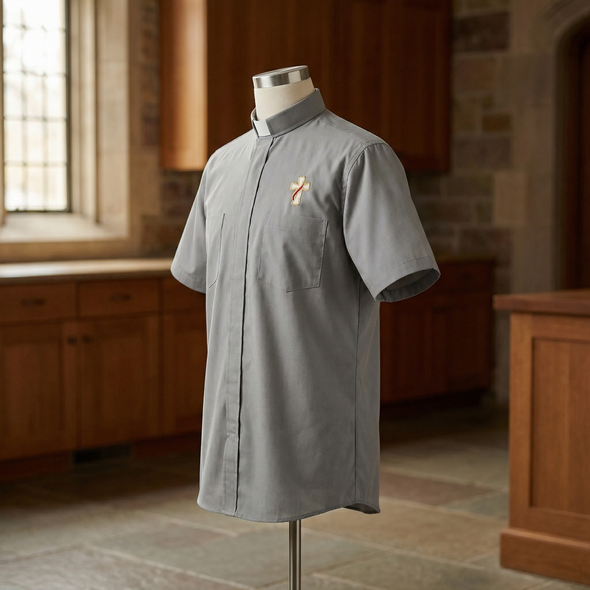 Deacon Cross Clergy Shirt - Grey or Black - Easy Care Two Pocket Short Sleeve - 65% Poly / 35% Cotton - Beau Veste