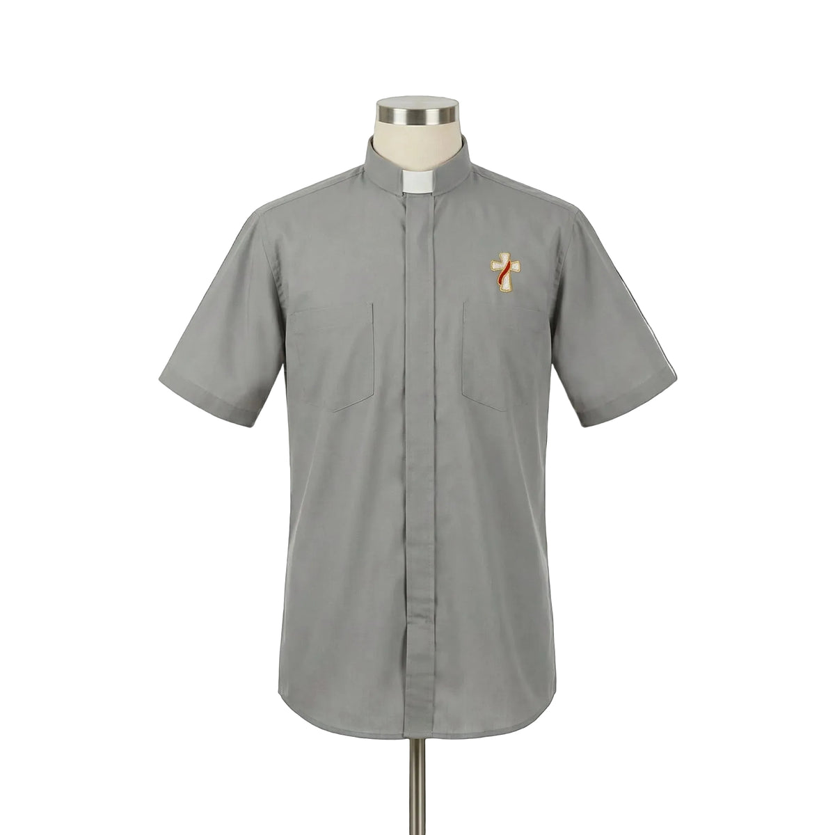 Gray clerical shirt with a cross emblem on a mannequin against a white background