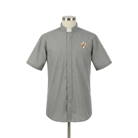 Gray clerical shirt with a cross emblem on a mannequin against a white background
