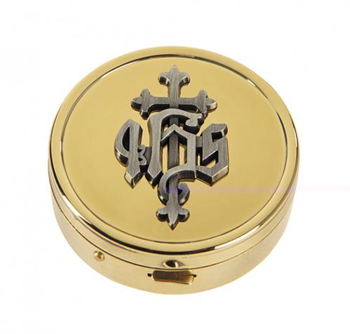 Brass Ministerial Quality Silver Plate IHS Design - Medium Size Pyx - Holds 10 Hosts