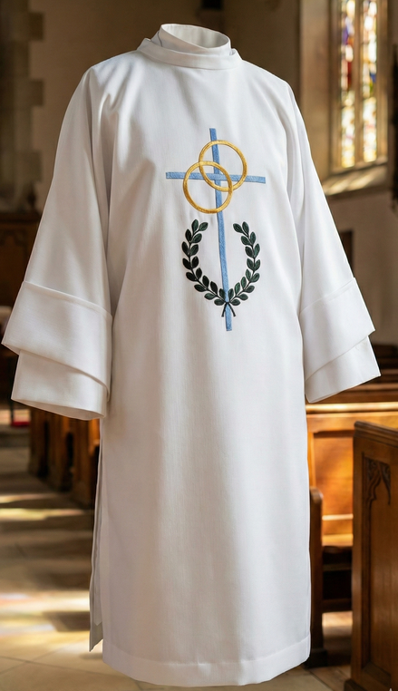 White dalmatic with embroidered design in a church setting