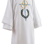 White dalmatic with embroidered cross and laurel wreath design on a white background