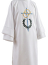 White dalmatic with embroidered cross and laurel wreath design on a white background