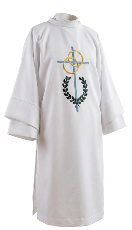 White dalmatic with embroidered cross and laurel wreath design on a white background