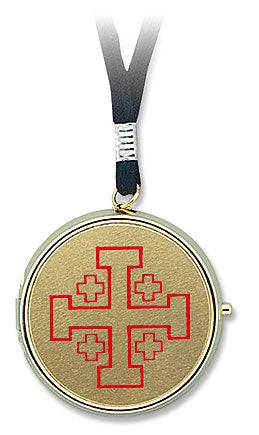 Jerusalem Cross w/ Neck Cord Pyx - Holds 7 Hosts - Brass - Ministerial Quality