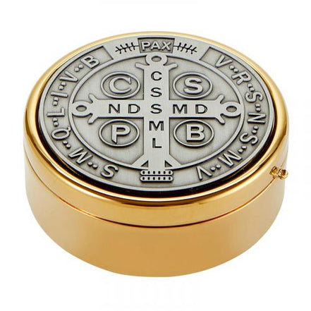 Brass Ministerial Quality Hospital Pyx - St. Benedict Pewter Lid Design - Large 60 Host - # J1573