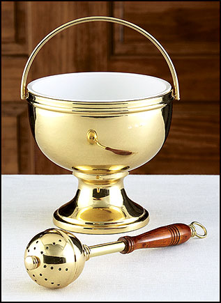 Brass Holy Water 7"D x10H Pot with 12" Wood Handle Sprinkler for the Deacon or Priest MS881