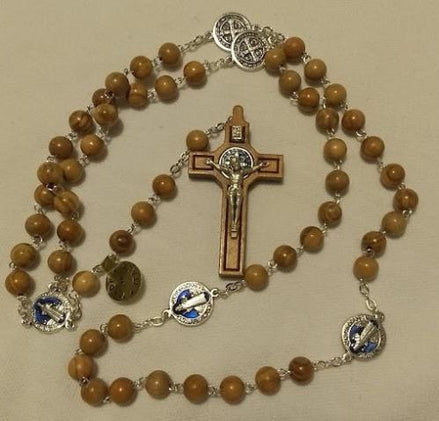8mm Olive Wood Bead Rosary - St. Benedict