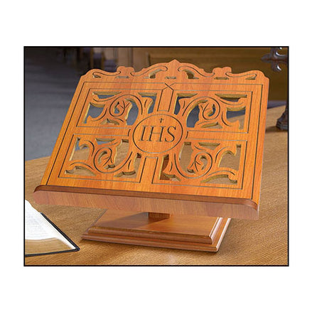 Book of Gospels/Bible/Missal Pedestal Stand for the Deacon, Chapel or Church - IHS Oak or Walnut Finish