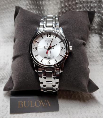 Genuine Bulova Stainless Steel Men's Watch with Deacon Cross Symbol and 3-Year Warranty
