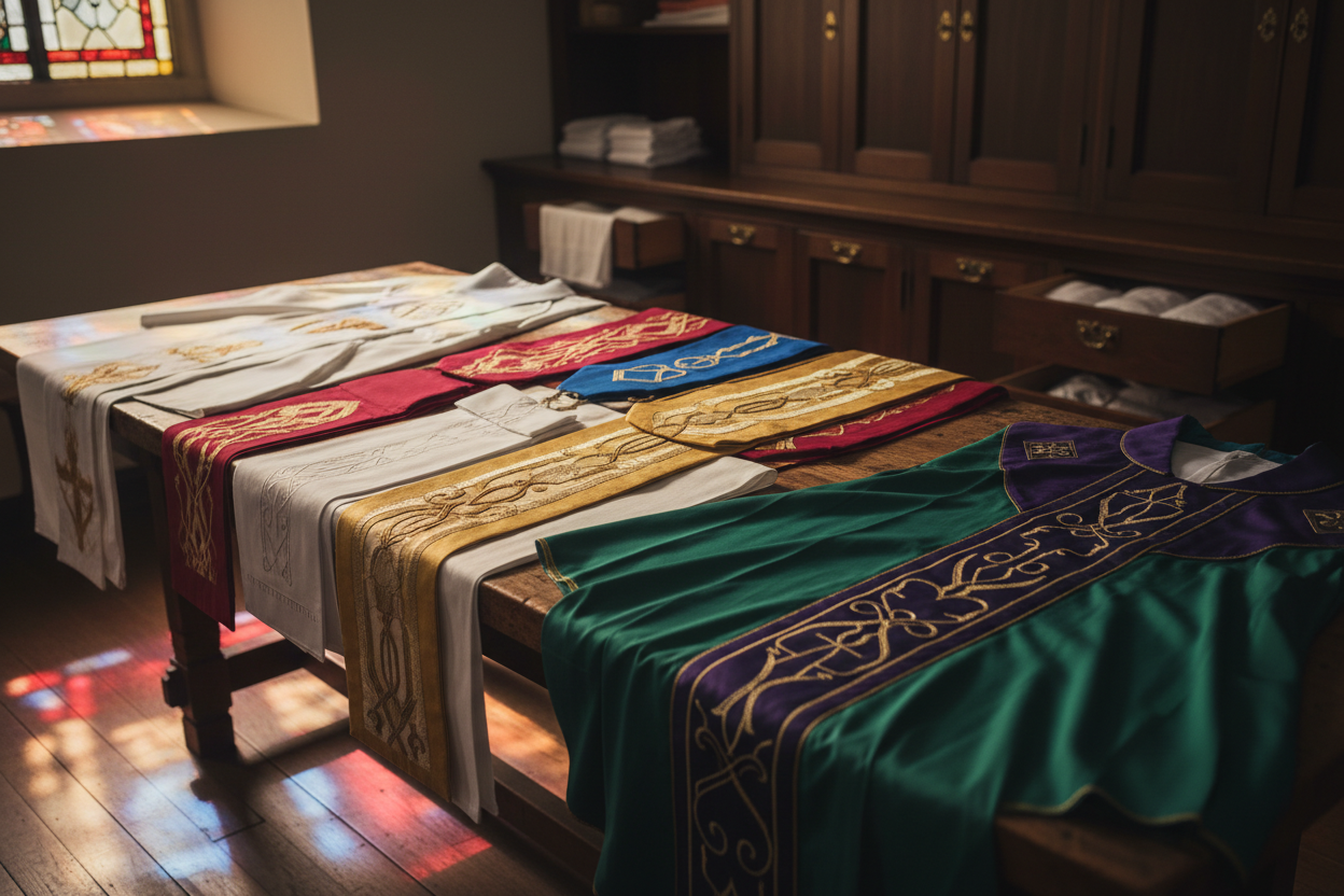 A refined, cinematic hero image featuring high-quality liturgical vestments — albs, stoles, and chasubles — carefully laid out in a sacristy. Soft directional light highlights the craftsmanship: rich textiles, elegant stitching, natural folds, and subtle color accents. The setting is an atmospheric church workspace with wooden cabinetry, linen drawers, and hints of stained glass reflections, but without any overt religious symbols or figurative depictions. No people. No cheesy or literal religious imagery. 