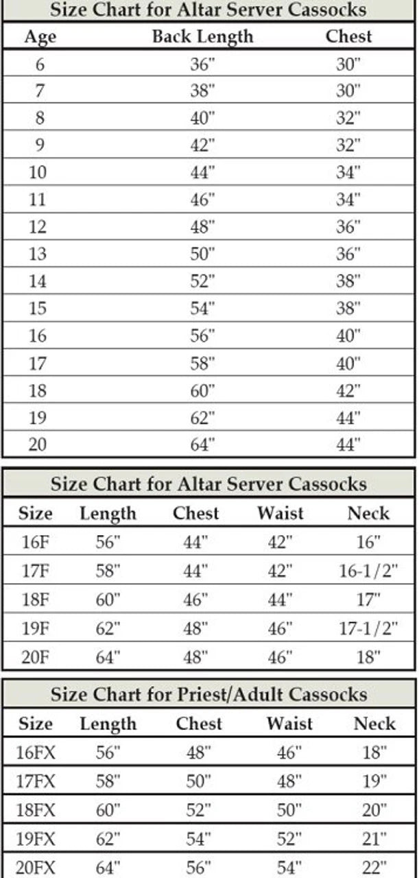 Altar server cassock size chart