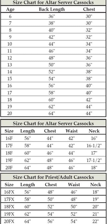Altar server cassock size chart