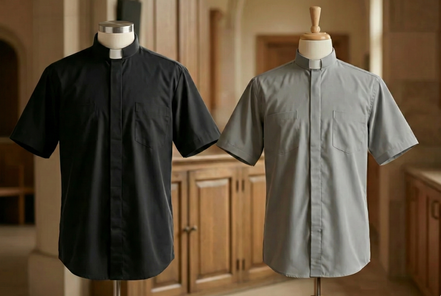 Clergy Shirt - Grey or Black - Easy Care Two Pocket Short Sleeve - 65% Poly / 35% Cotton - RJ Toomey