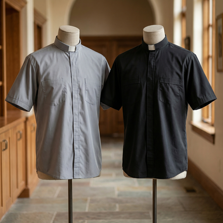 Clergy Shirt - Grey or Black - Easy Care Two Pocket Short Sleeve - 65% Poly / 35% Cotton - Beau Veste