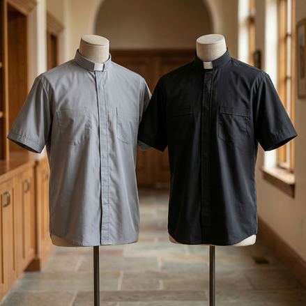 Clergy Shirt - Grey or Black - Easy Care Two Pocket Short Sleeve - 65% Poly / 35% Cotton - Beau Veste