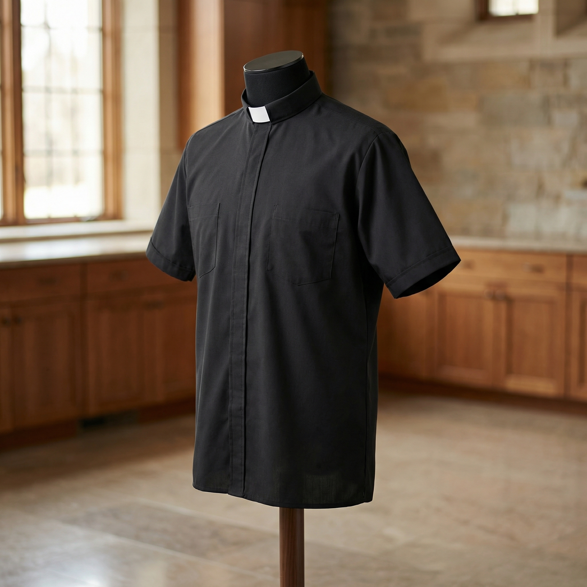 Clergy Shirt - Grey or Black - Easy Care Two Pocket Short Sleeve - 65% Poly / 35% Cotton - Beau Veste