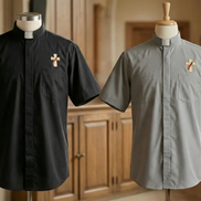 Deacon Cross Clergy Shirt - Grey or Black - Easy Care Two Pocket Short Sleeve - 65% Poly / 35% Cotton - Beau Veste