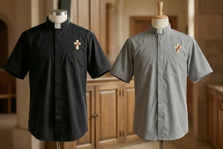 Deacon Cross Clergy Shirt - Grey or Black - Easy Care Two Pocket Short Sleeve - 65% Poly / 35% Cotton - Beau Veste
