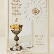 Greeting card for a new deacon with religious symbols and text on a white background