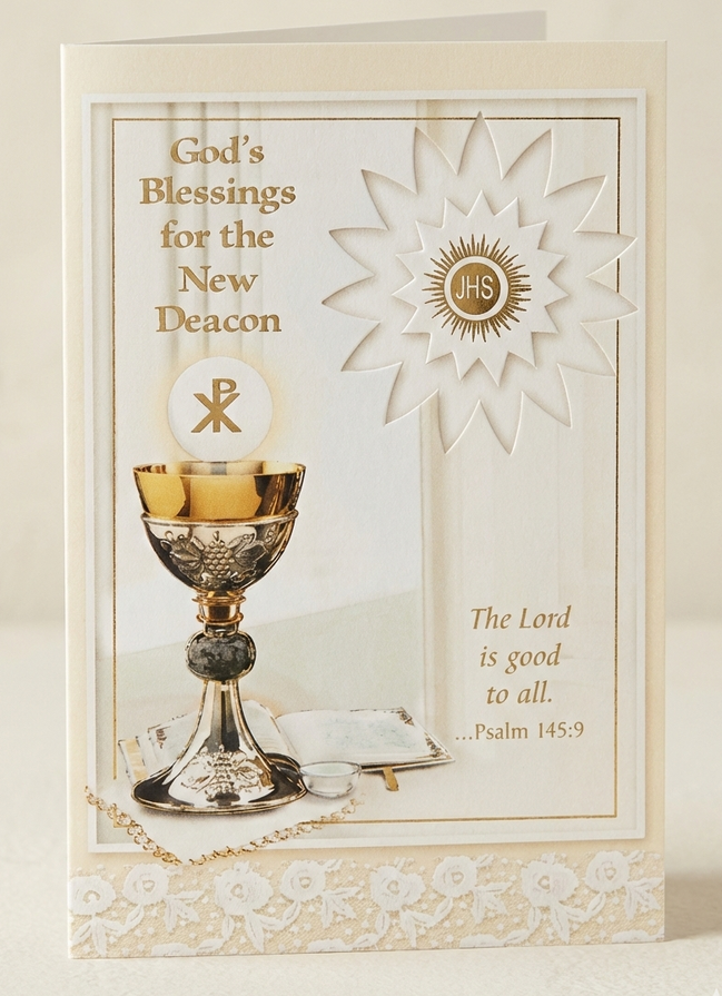Greeting card for a new deacon with religious symbols and text on a white background