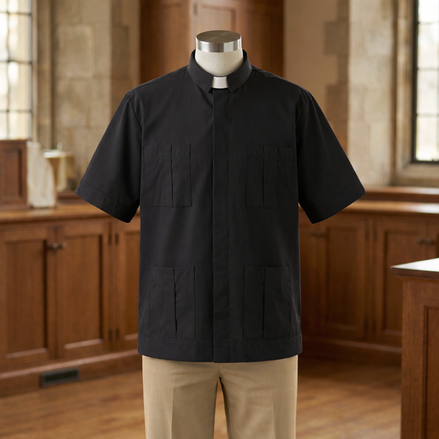 Panama Style Black Clergy Shirt - 65% Poly / 35% Cotton - RJ Toomey