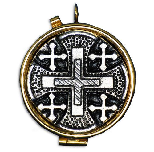 Jerusalem Cross 7 Host Pyx with Ring for Neck Cord and Velvet Bag
