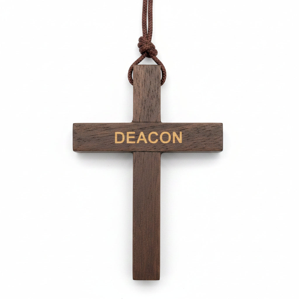 Deacon Engraved Olive Wood Cross Pendant on 33