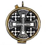 14 kt Gold Plated - 7 host Pyx - Pewter Jerusalem Cross Design - w/ ring for neck cord - PYX-01